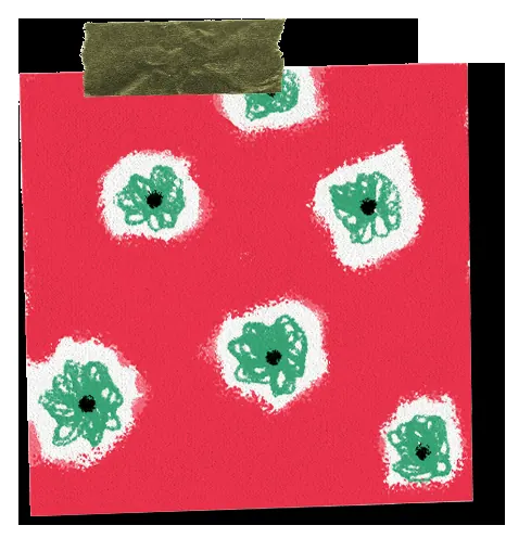 Carré illustré Milmots : motifs verts et blancs sur fond rouge.