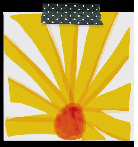 Carré illustré Milmots représentant un soleil jaune rayonnant.