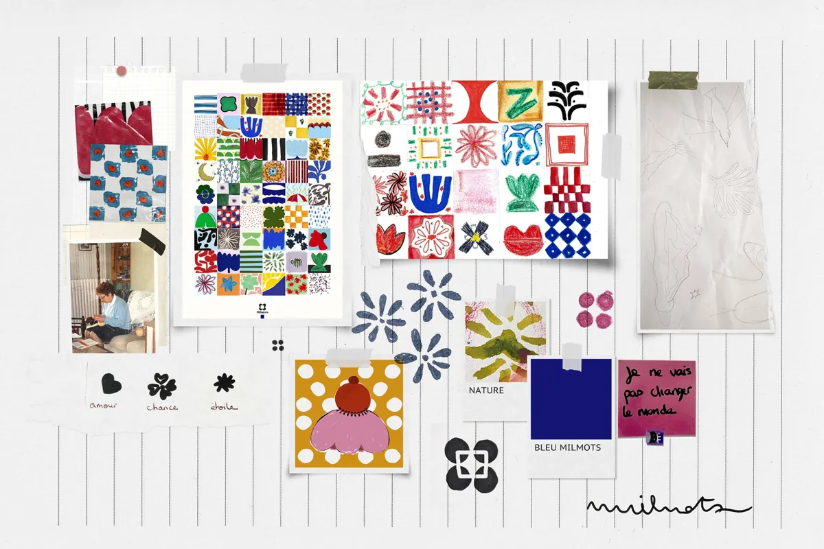 Planches de couleurs et illustrations originales Milmots réunies sur un mur.